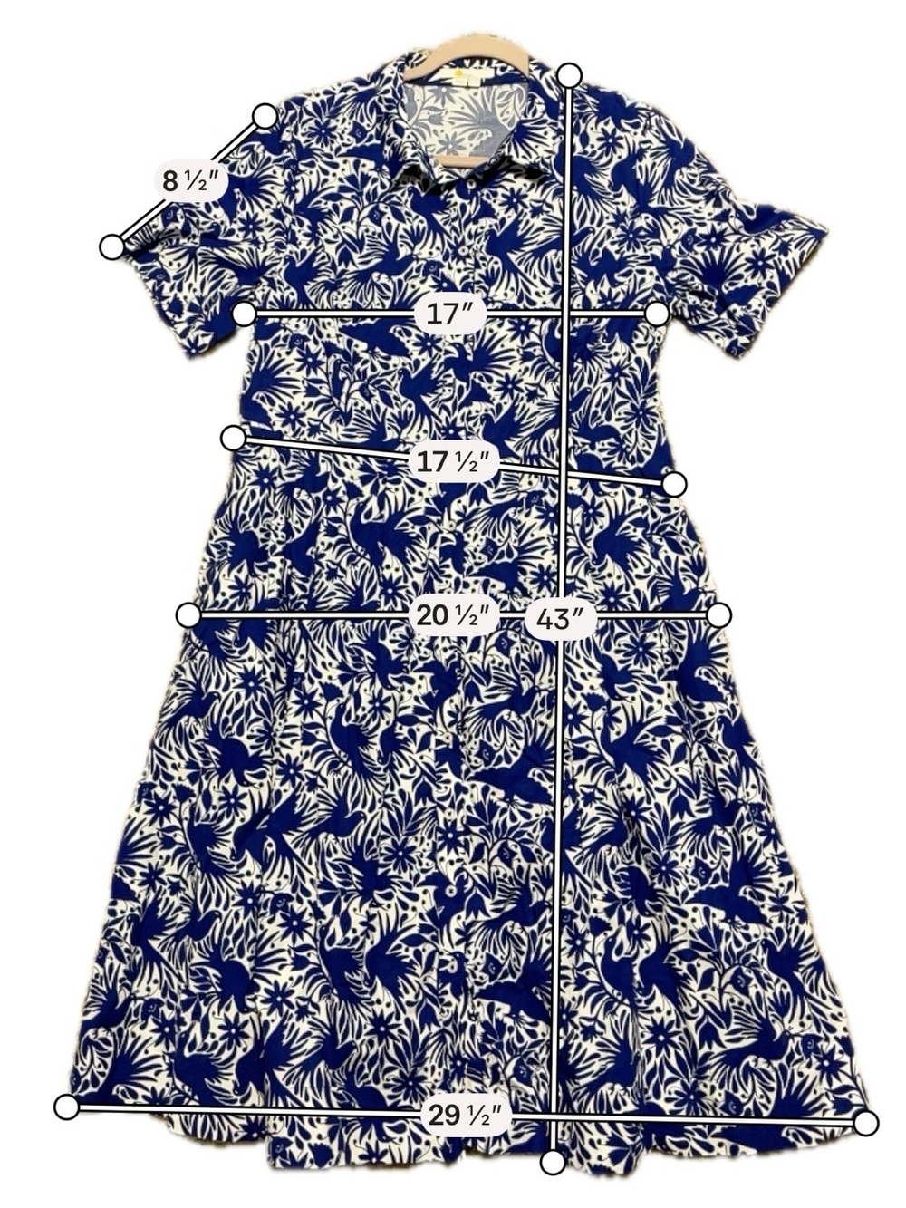 Boden Blue White Bird Floral Shirt Dress Button Front Midi Garden Party Size 12R - Picture 4 of 10